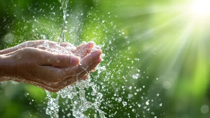 Fototapeta premium Pure Water Flowing into Hands in Natures Sunlight