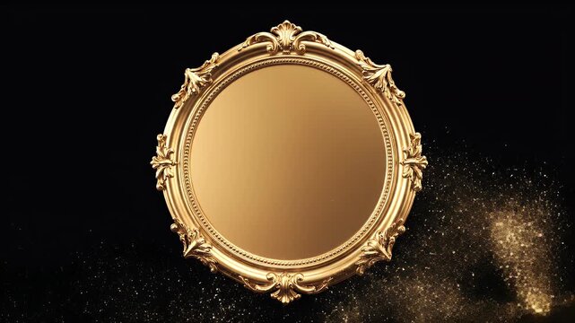 Ornate oval gold mirror on black background with sparkling golden dust