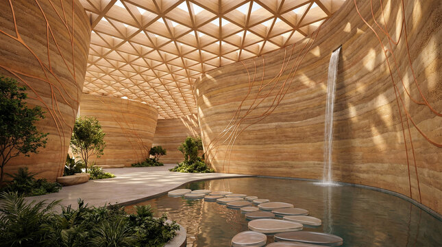 Modern biophilic architectural atrium with rammed earth walls and indoor waterfall, organic interior design featuring a geometric skylight, zen garden pool and sustainable luxury concept