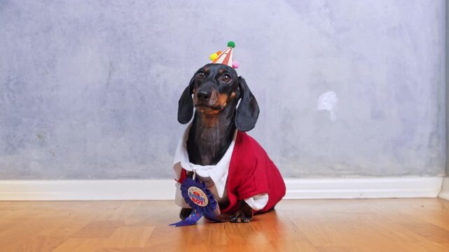 Cute black and tan dachshund wearing a red cape and tiny party hat sits on wooden floor by a gray wall, displaying a blue award rosette on its chest in playful celebration pose under soft indoor light