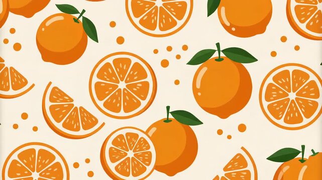 Vibrant orange slices and oranges on a beige background with green leaves and dots