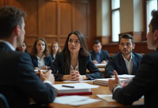 Law School Mock Courtroom Session Intense Moot Practice Legal Consultation Assertive Debating Action