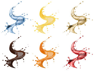 Fototapeta premium Set of splashes with liquids of different materials isolated on white background. 3d rendering