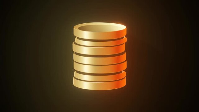 Fintech coin stack icon animation with metallic gradient gold to orange, smooth stacking motion, soft glow highlight, seamless loop
