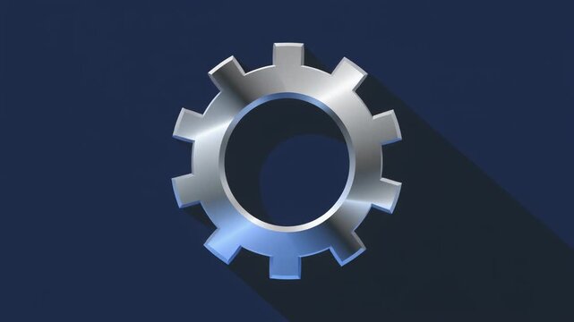 Gear settings icon animation with metallic gradient silver to blue, smooth rotation with soft light reflection, seamless loop