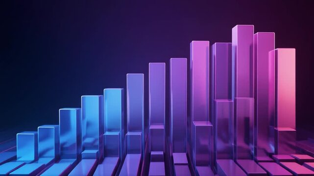 Premium gradient bar chart animation, bars growing smoothly with glassmorphism effect, vibrant blue violet gradient, loopable, clean background
