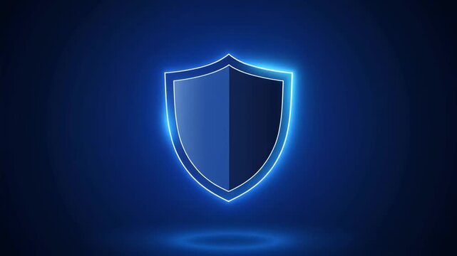 Shield security icon animation with deep blue gradient and subtle light sweep effect, soft glow pulse, seamless loop