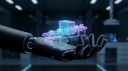 Fototapeta premium Robot Hand with Holographic Conveyor - Production AI