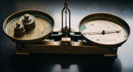 Antique brass balance scale with weights, symbolizing measurement and equilibrium