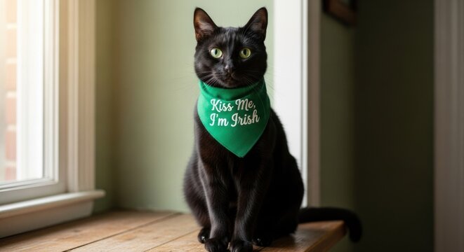 Black cat with green bandana reading "Kiss Me I'm Irish" sits near window