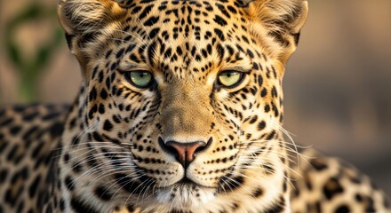 Obraz premium Close-up portrait of a magnificent leopard with piercing green eyes