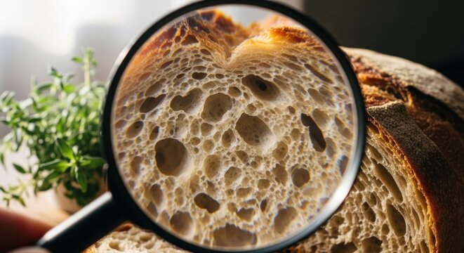 Close-up of a magnified bread crumb structure with herbs