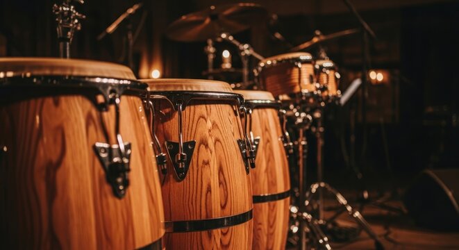 Close-up on wooden conga drums and percussion instruments on stage