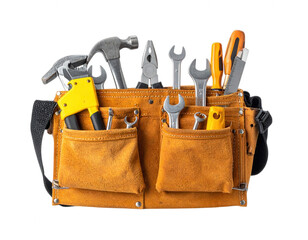 Brown leather tool pouch with various tools including hammers... isolated on a transparent background