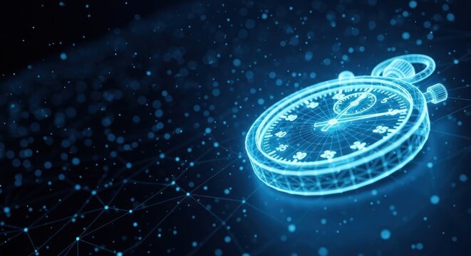 Glowing digital stopwatch emerges from network of glowing blue particles