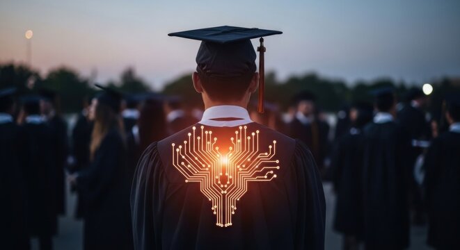 Graduate wears graduation cap; digital circuit pattern glowing on robe