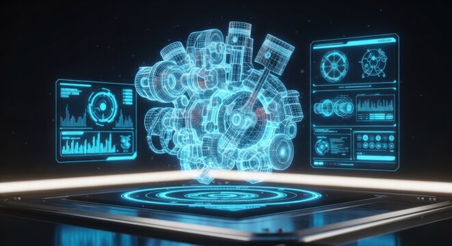 Holographic engine blueprint with futuristic data displays