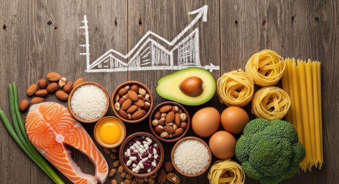Healthy food items arranged on wood, with a chalk graph depicting growth