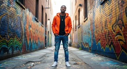 Naklejka premium Man in vibrant alleyway, standing confidently amidst colorful graffiti art