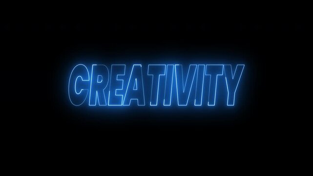 Creativity and solution text animation in vibrant blue neon lights. 4k animated typography Perfect for opener videos graphic design, marketing,  inspiration, and innovation concepts.