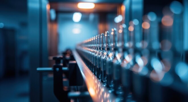 Rows of clear vials moving along a conveyor in a sterile manufacturing facility
