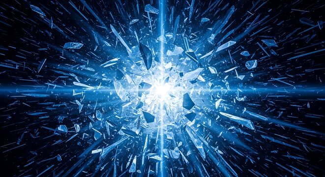 Abstract blue explosion with shards radiating from a bright central core