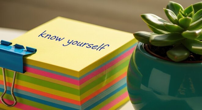 Stack of colorful sticky notes with "know yourself" written on one