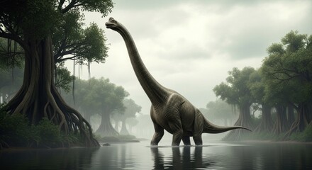 Obraz premium Towering ancient reptile stands in misty swamp, lush trees rise
