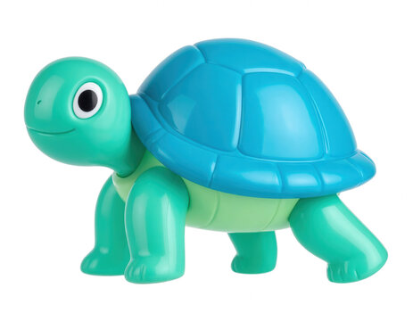 Colorful toy turtle with blue shell and green body standing on all... isolated on a transparent background