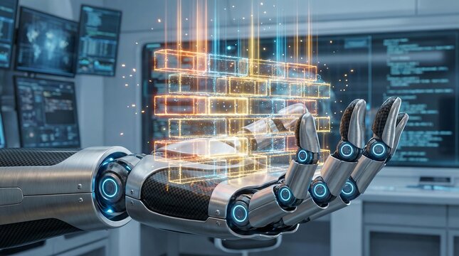 Robot Hand with Holographic Brick Wall - Future Building AI