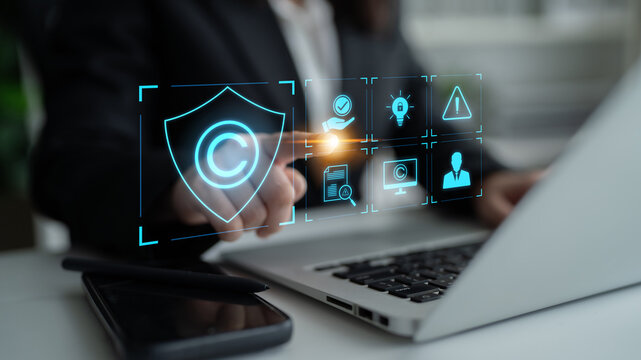 Digital copyright protection system showing secure ownership, intellectual property rights, content verification, and legal warning icons for creators and publishers Latch