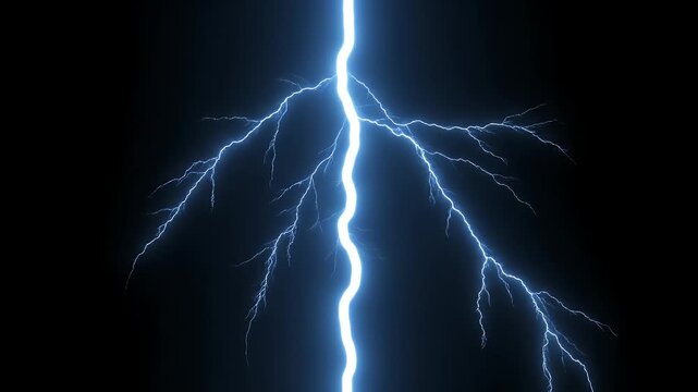 Blue lightning bolt strike with branch pattern on black background
