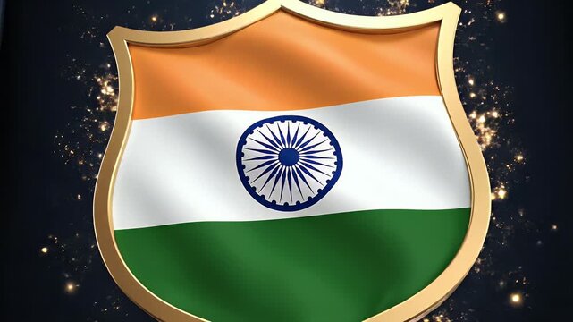 A golden shield with an Indian flag pattern made of tiny colored stones