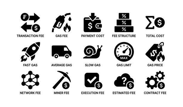 Icons representing various finance and cryptocurrency fees and costs