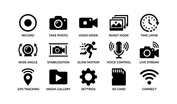 Camera icon set featuring recording, stabilization, and live stream symbols