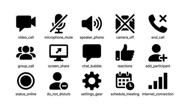 Video call icons: mute, speaker, camera off, end call, online status, settings gear, meeting