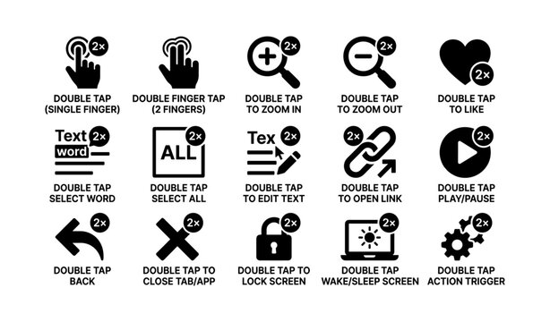 Double tap gesture icons for mobile devices and apps in black and white
