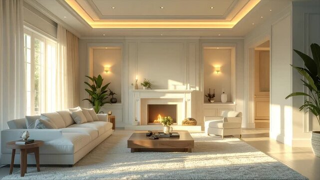 A sunlit, modern living room with fireplace, white furniture, plants, and recessed lighting