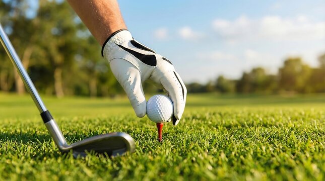 A golfer prepares to tee off on a sunny golf course