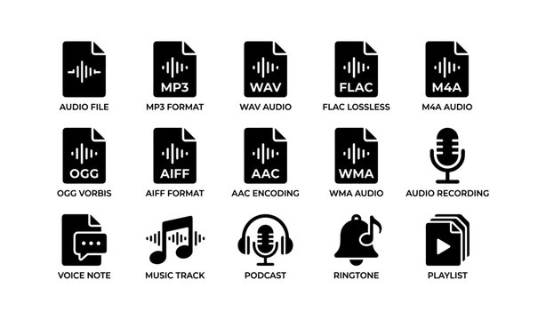 Audio file format icons: mp3, wav, flac, m4a, ogg, aiff, aac, wma, podcast