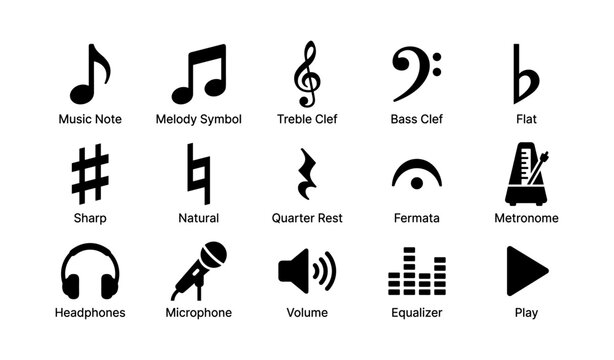 Music symbols icons: note, clef, metronome, headphones, microphone, volume