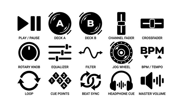 Dj control symbols: play, pause, channel, equalizer, bpm, sync, volume