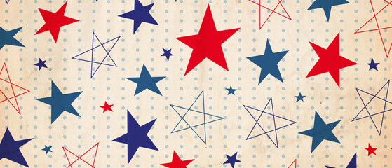 Obraz premium Retro American patriotic background with a textured paper finish, featuring scattered red and blue stars of various sizes, plus outlines of stars and dots, ideal for July 4th and national holiday