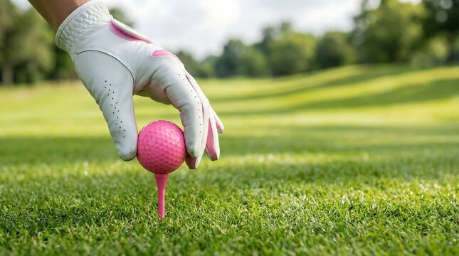 Golf hand placing pink ball on tee
