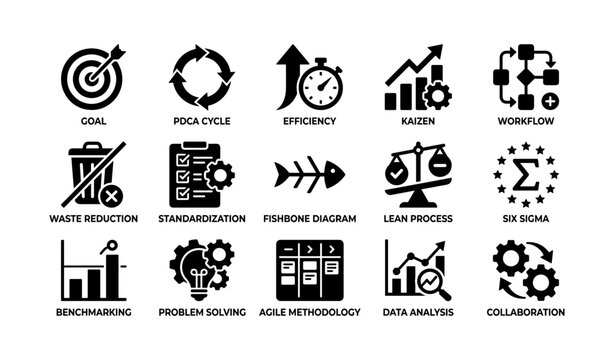 Business icons: goal, efficiency, kaizen, lean process, collaboration