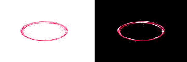 Elliptical pink glow ring with shimmering light sparks and magic energy trail over transparent grid wallpaper © riazul