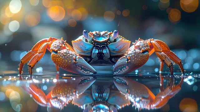 A photorealistic crab with vibrant colors in water, reflecting in the glossy surface