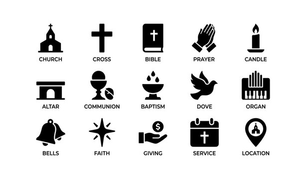 Christian symbols: church, cross, bible, prayer, candle, altar and more icons