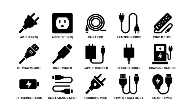 Various electronic cables and power outlets icons collection