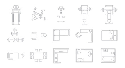 Top view floor plan icons: gym, furniture, bathroom, kitchen, dining set © Andri